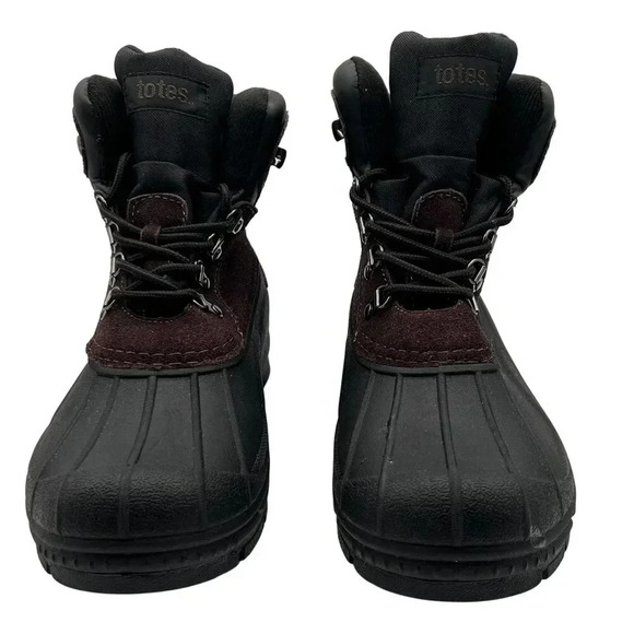 Totes Mens 9M Burgundy & Black Leather Snow Boots Rubber Soles Waterproof Shell - Picture 3 of 14